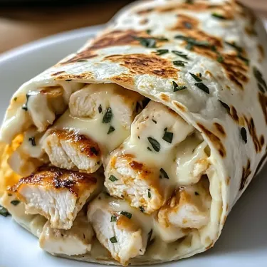 A cheesy chicken wrap with garlic sauce.