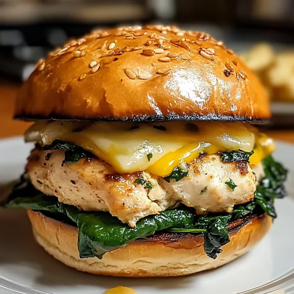 Burger stacked with cheddar and leafy greens.