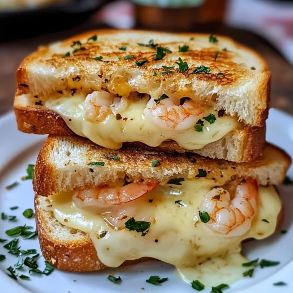 Two pieces of grilled cheese with shrimp on top.