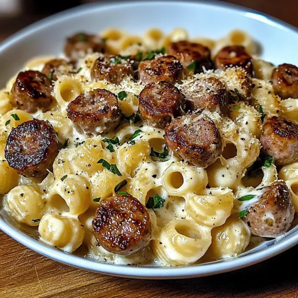 Pasta piled up in a bowl with sausage and melty cheese.
