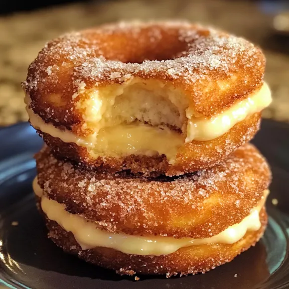 A pile of donuts covered with sugar and creamy frosting.