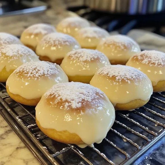 A tray of powdered sugar donuts.