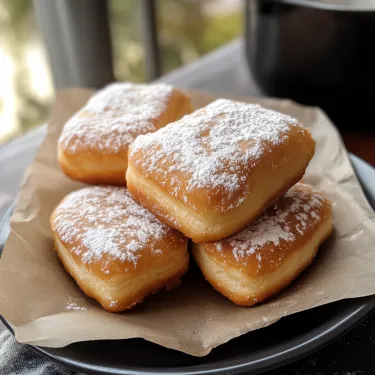 A plate stacked with beignets dusted in sugar.