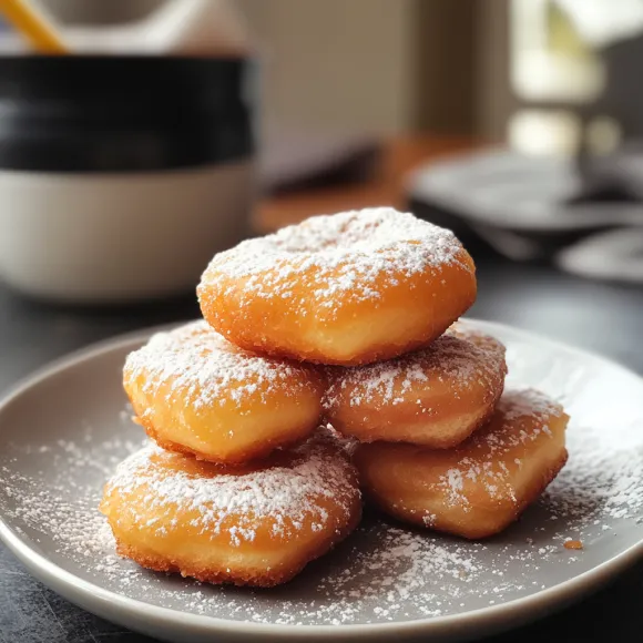 Stacked beignets loaded with powdered sugar on a plate.