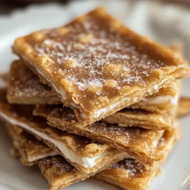 A stack of pastries with powdered sugar on top.