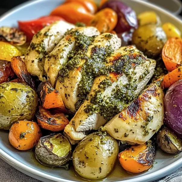 Chicken with carrots, potatoes, and veggies piled up on a plate.
