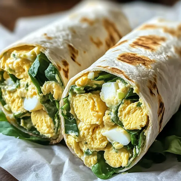 Two rolled wraps with eggs and fresh veggies inside.