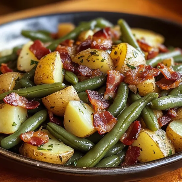 A plate loaded with green beans and crispy bacon pieces.