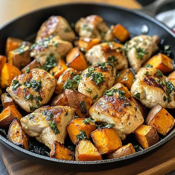 A skillet filled with chicken pieces and colorful veggies.