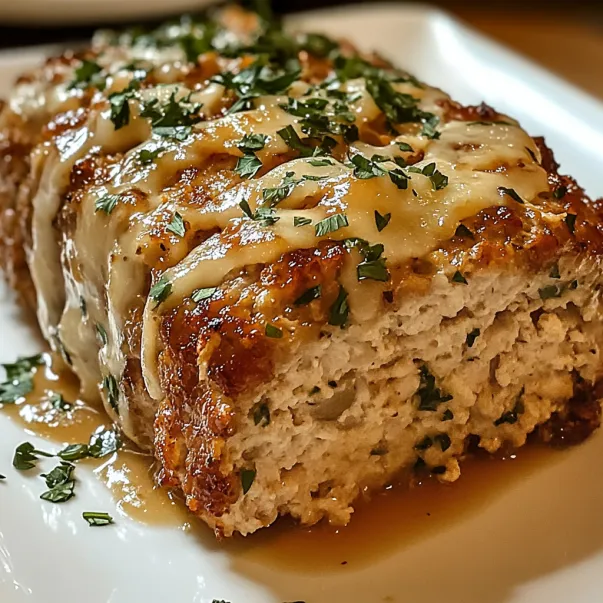 Cheesy chicken meatloaf slice topped with golden cheese.