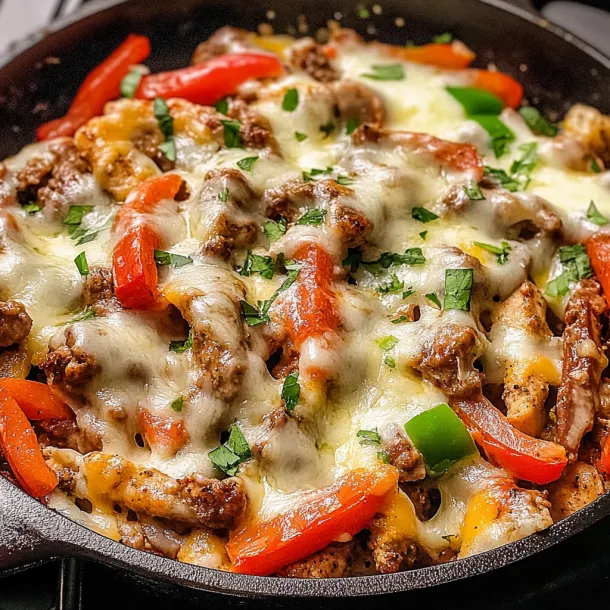 A pan holding a cheesy pepper chicken meal.