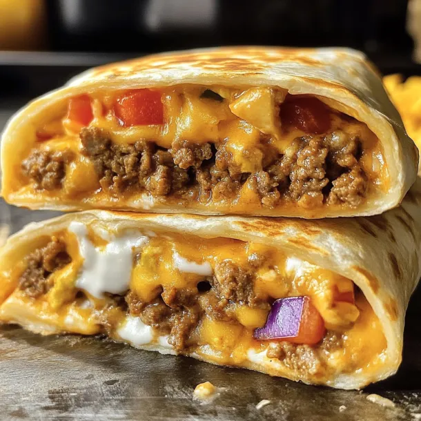 Burrito sliced open showing beef, cheese, and chips inside.