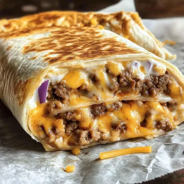 A burrito with cheese and meat on a paper wrapper.