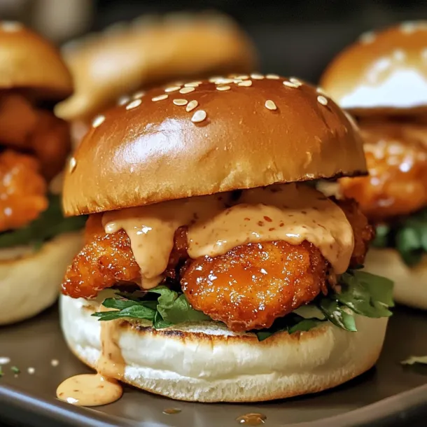 Chicken slider topped with creamy spicy sauce, close up.