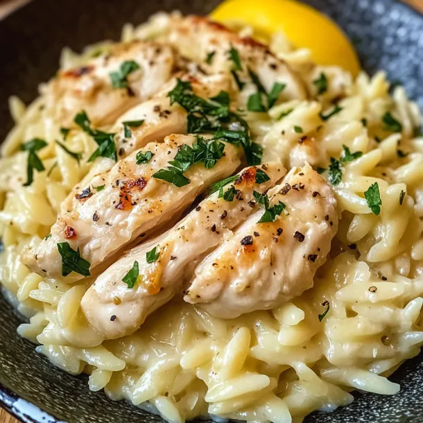 Pasta with chicken, herbs, and a creamy pop of lemon.