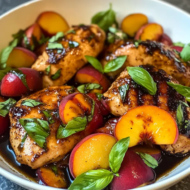 Chicken topped with colorful peppers and fresh green herbs in a bowl.