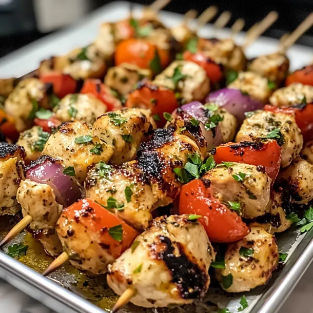 Grilled chicken skewers with onion and tomatoes on a tray.