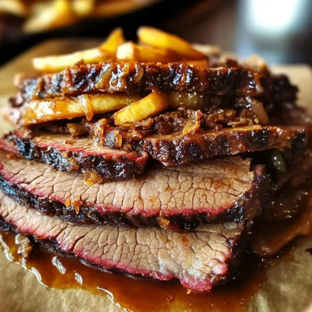 Stacked brisket slices with fries piled above.