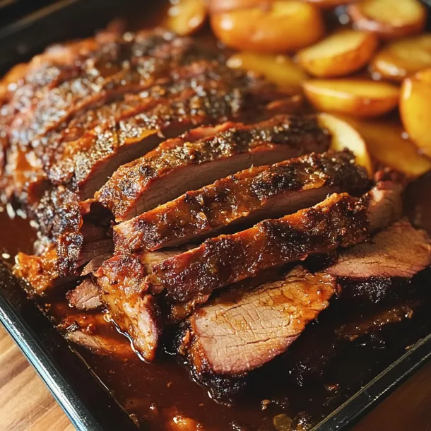A plate showing juicy beef and potatoes.