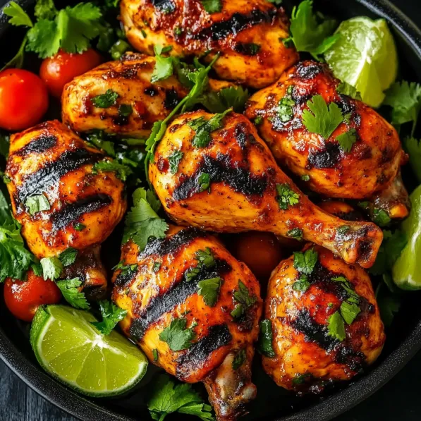 Chicken pieces with tomatoes and lime wedges in a bowl.