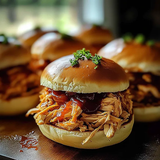 A thick sandwich loaded with BBQ chicken and sauce.