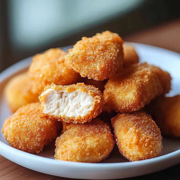 Chicken nuggets on a plate.