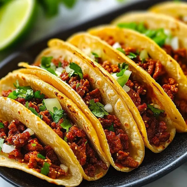 A plate stacked with tacos stuffed with beef and toppings.