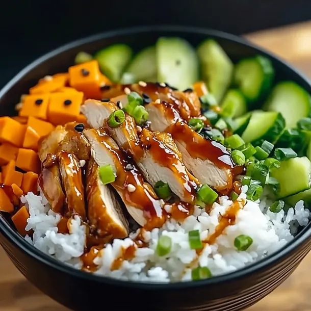 Rice and chicken topped with veggies in a bowl—colorful and tasty looking.