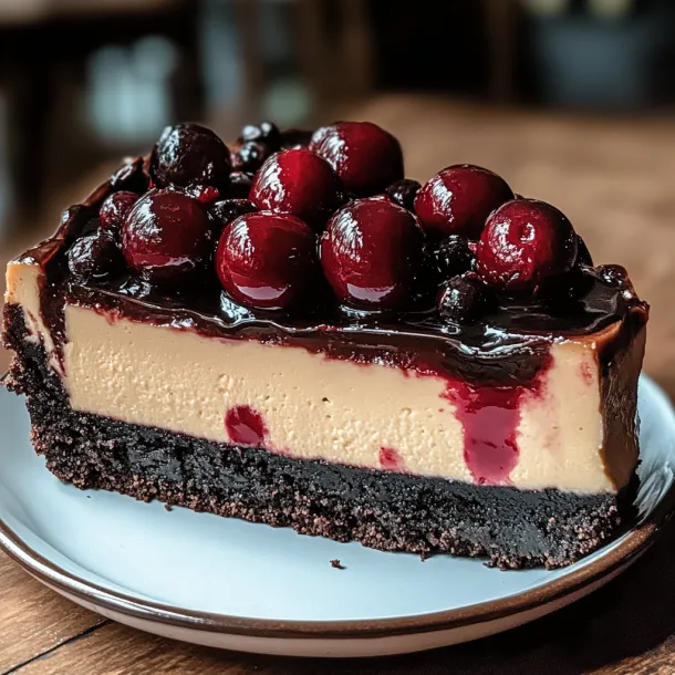 A slice of chocolate cake with cherries on top.