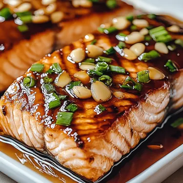 Slices of cooked salmon glazed in sticky sauce, sitting on a plate.