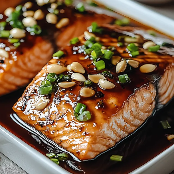 Salmon chunks with shiny glaze in a white bowl.