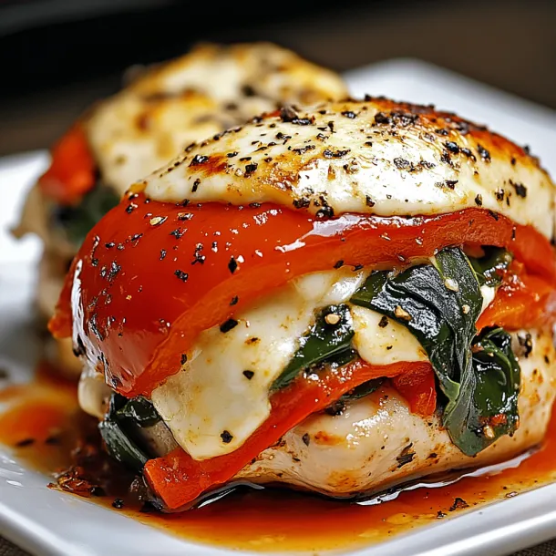 Chicken stuffed with mozzarella, spinach, and roasted peppers on a plate.