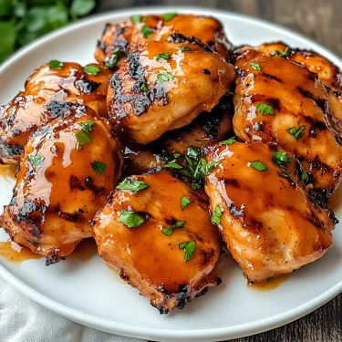 A platter of glazed grilled chicken thighs ready to eat.