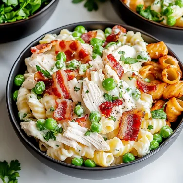 A bowl with spiral pasta, chicken pieces, peas, and bacon bits.