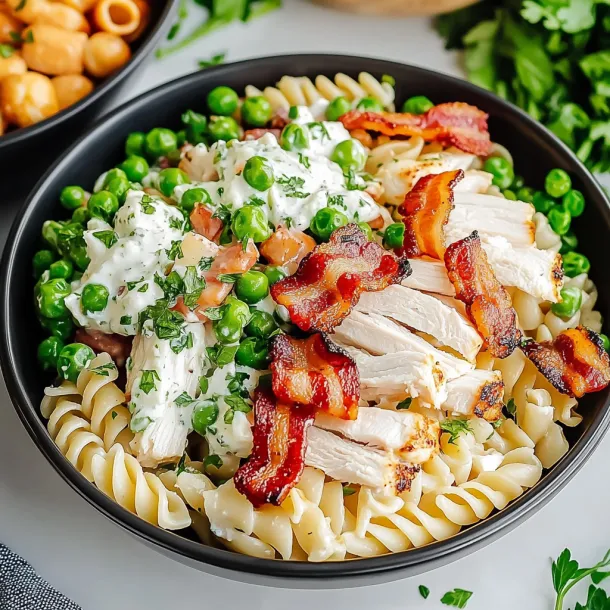 A bowl featuring spiral noodles, chicken chunks, and peas.