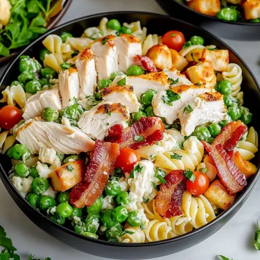 A bowl filled with pasta, chicken pieces, and peas.