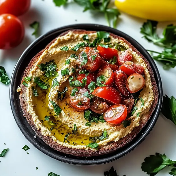 A bowl loaded with hummus, tomatoes, and fresh herbs.