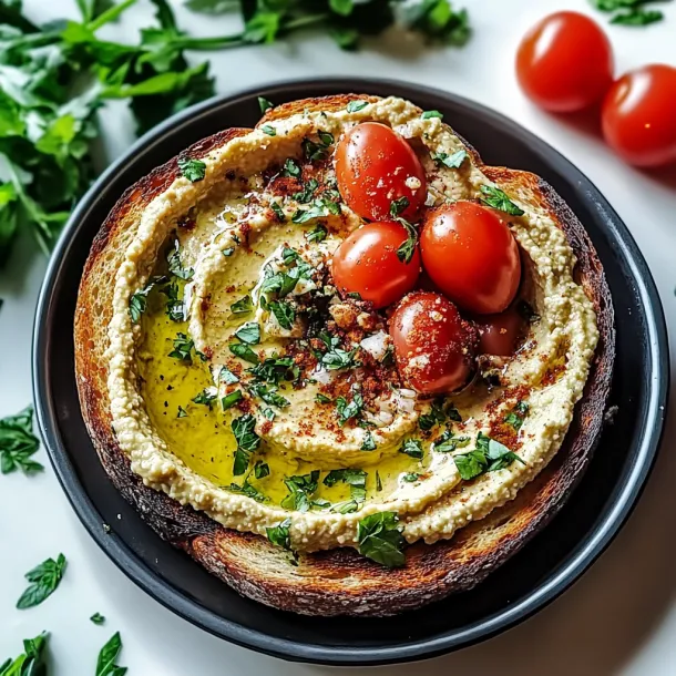 Bowl featuring bread with tomatoes.