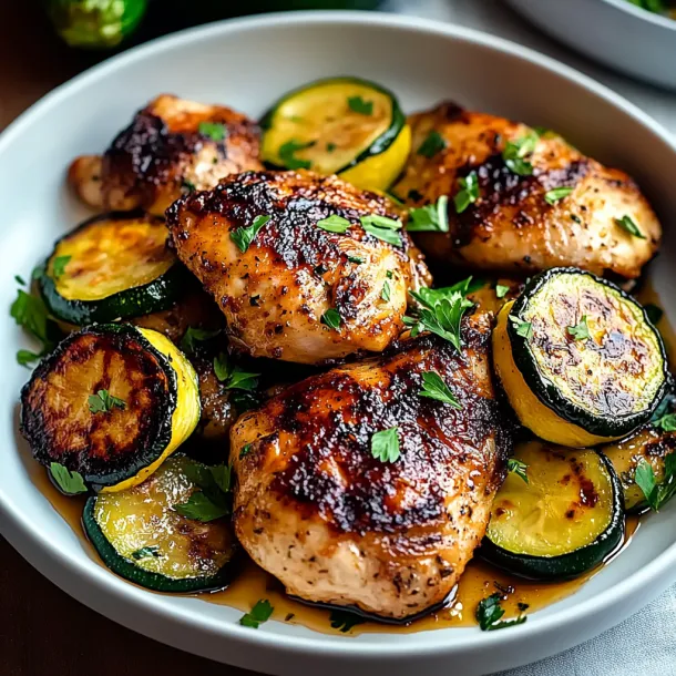 A plate filled with chicken, sautéed zucchini, and fresh herbs.