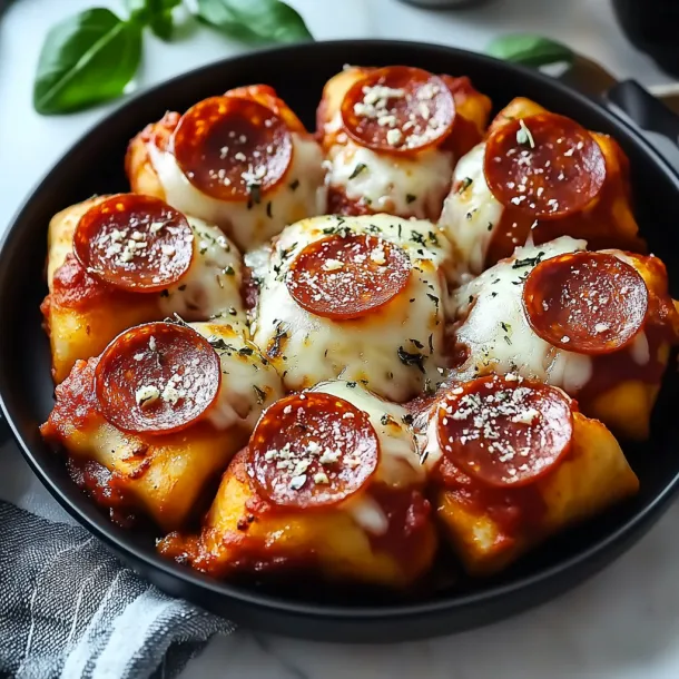 A plate loaded with melty cheese and spicy pepperoni bites.