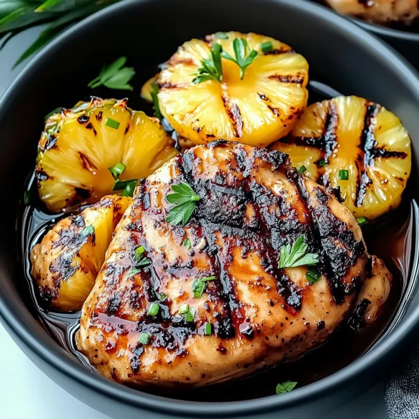 A bowl filled with grilled chicken and chunks of pineapple.