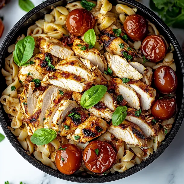A bowl featuring pasta mixed with chicken and tomatoes.