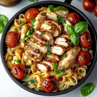 A bowl loaded with pasta, chunks of chicken, tomatoes, and spinach.