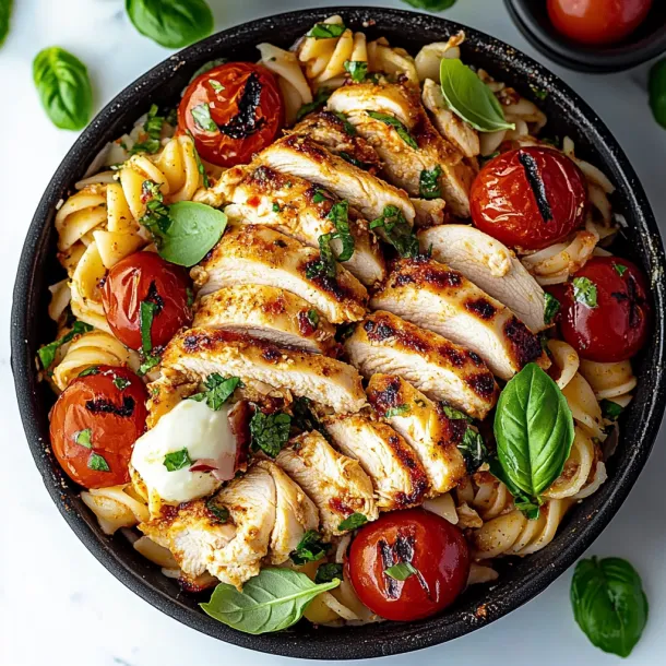 A bowl with juicy chicken, fresh tomatoes, and pasta.
