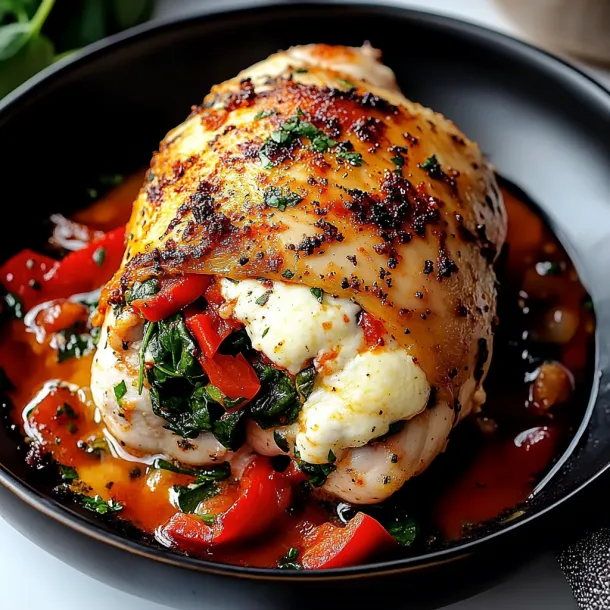 Chicken stuffed with red peppers and stretchy cheese on a plate.