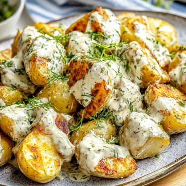 Potatoes on a plate topped with a creamy sauce.