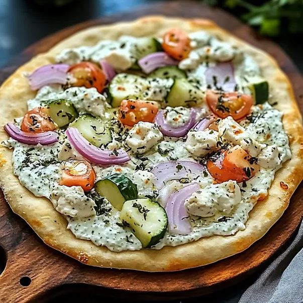 Veggie-loaded pizza on a board.