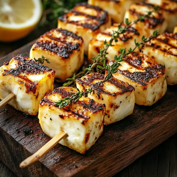 Chunks of cheese and veggies on skewers with herbs.