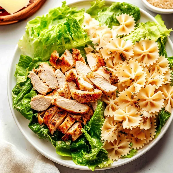 Plate loaded with chicken, pasta, and lettuce.