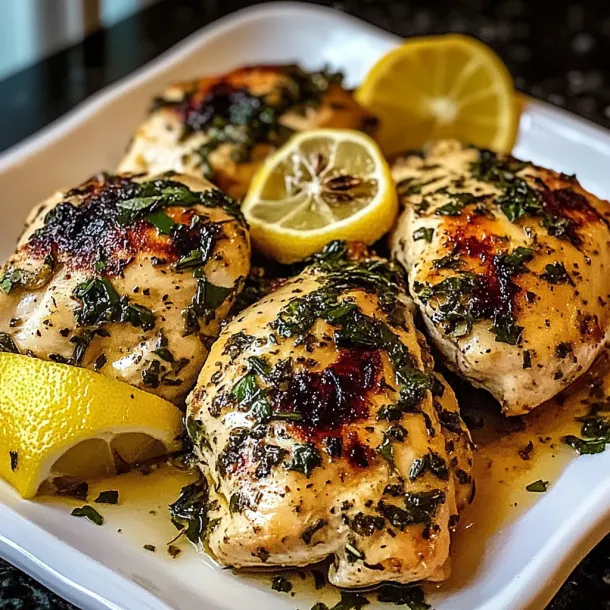 Chicken topped with fresh herbs and lemon slices.